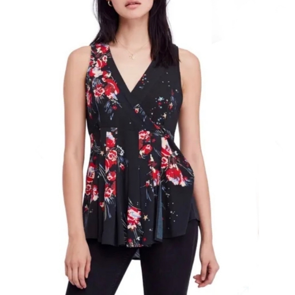 Free People Black Floral Wrap-Front Tunic